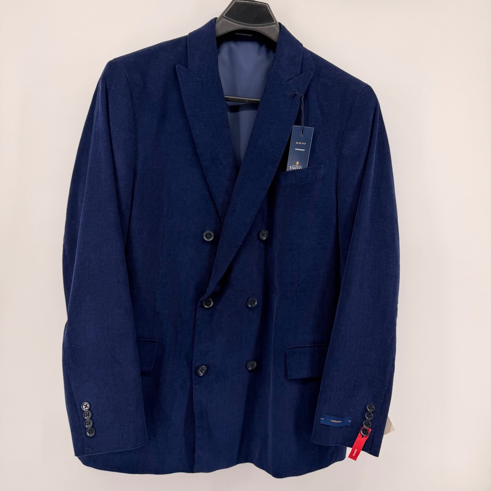 Stafford Blazer Mens 48L Bold Navy Corduroy Double Breasted Slim Fit Sport Coat